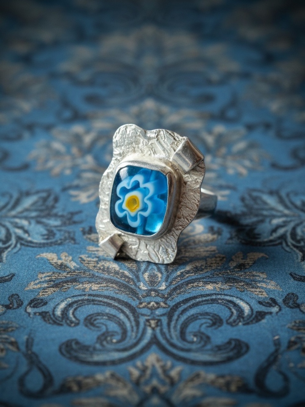 Silver Floral Blue Millefiori Glass 💍 5 grams size 5 stamped & signed